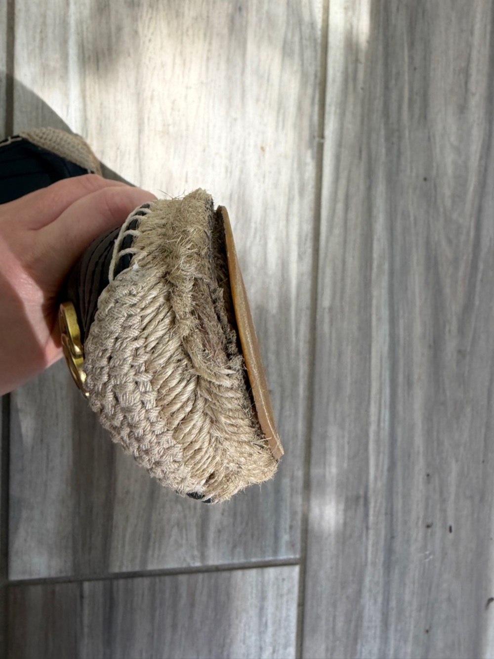 Black Quilted Espadrille Slip-On Shoes with Gold Emblem - Picture 9 of 10